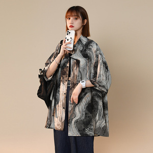 DX1526`oversize中性风宽松大码山水画短袖情侣衬衫男女P4558图片