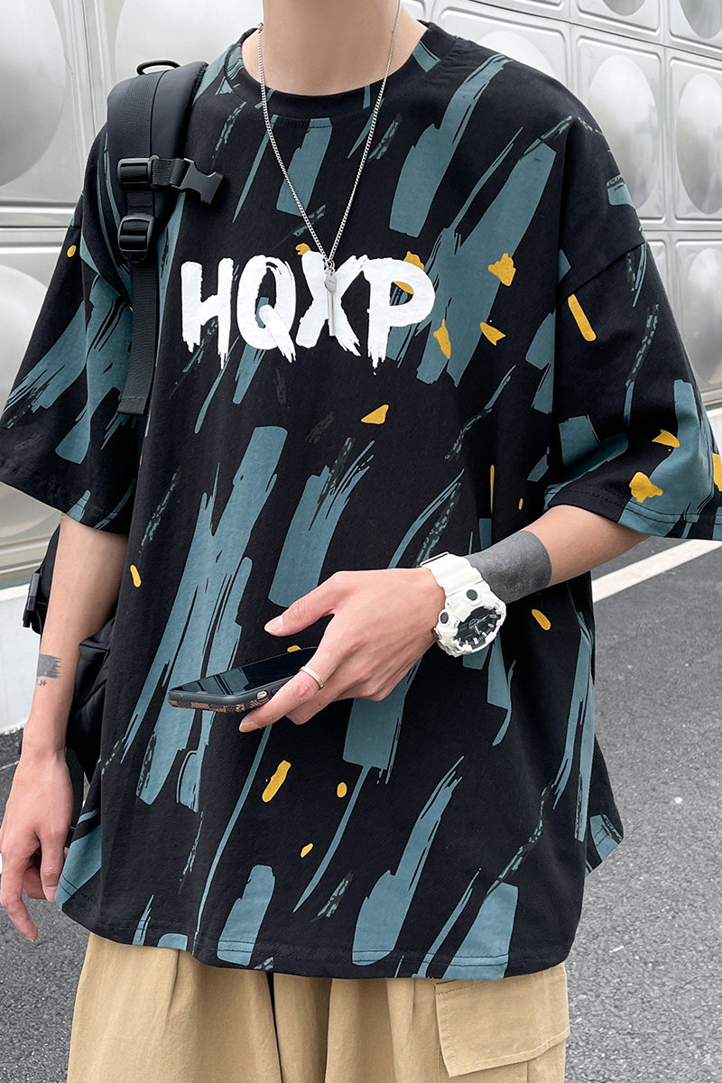 DX1510宽松大码情侣中性风个性字母彩印短袖T恤P3548黑色,男装T恤,电商A066