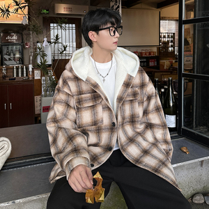 MH10`条纹ins加厚中长款羊羔毛呢料外套连帽棉衣棉服男 P118图片