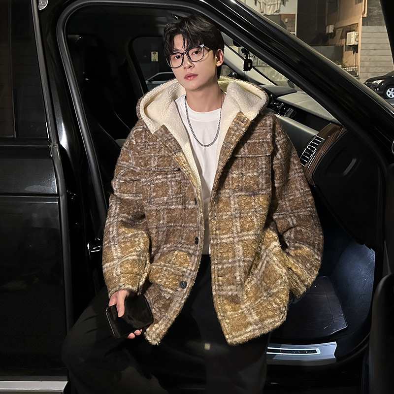 MH13`条纹ins加厚中长款羊羔毛呢料外套连帽棉衣棉服男P118，男装棉衣，电商A066