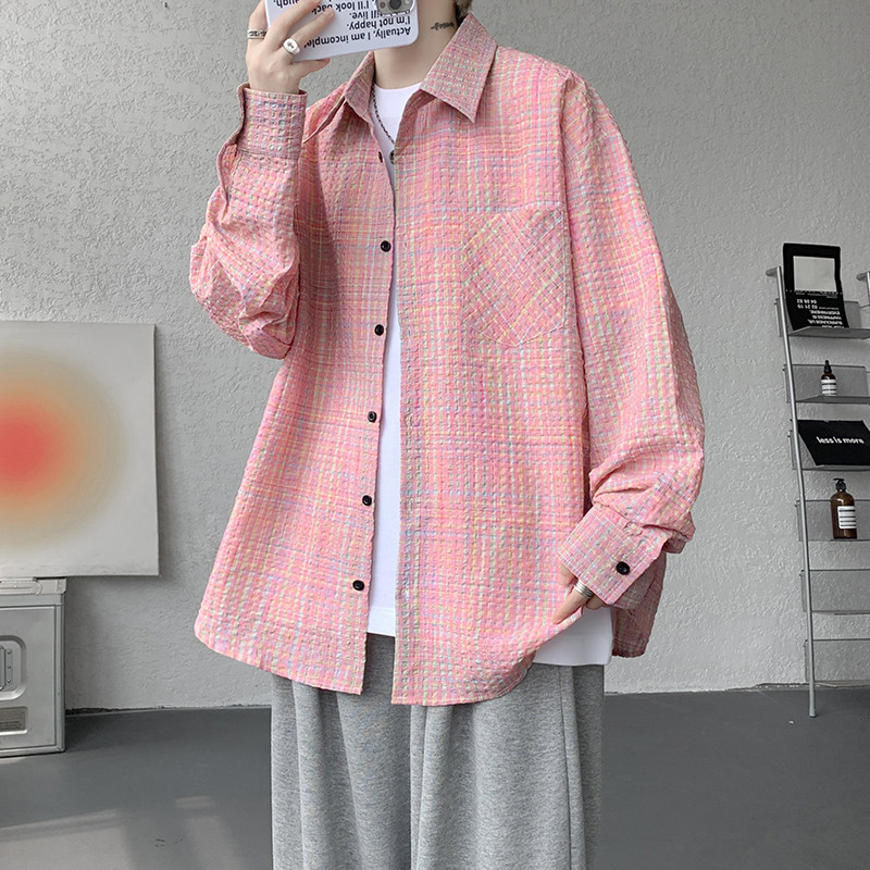 CR019`泡泡纱格子潮牌高街ins衬衫男女P40图片