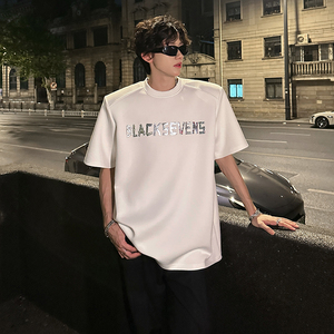 KT1025`（垫肩可拆装）立体金属短袖T恤男ins潮牌上痞帅P48图片
