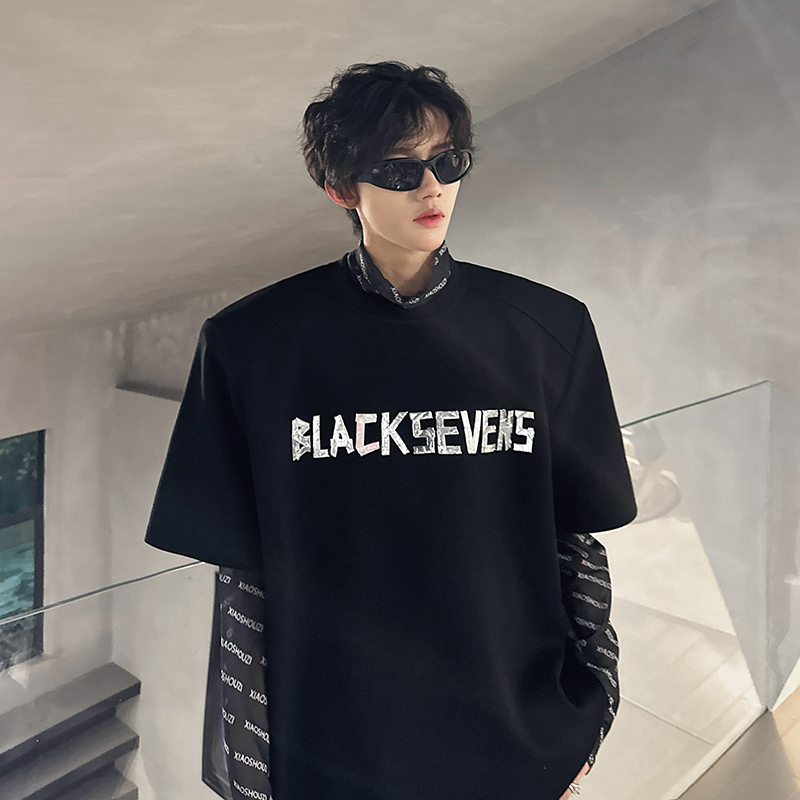 KT1025`（垫肩可拆装）立体金属短袖T恤男ins潮牌上痞帅P48，男装T恤，电商A066