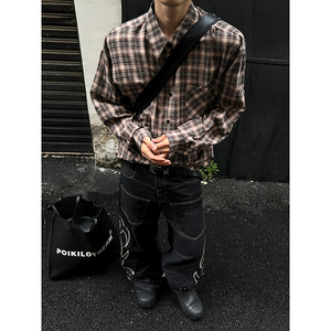 CR005`暗黑风全棉格子潮牌高街ins衬衫男女P45图片
