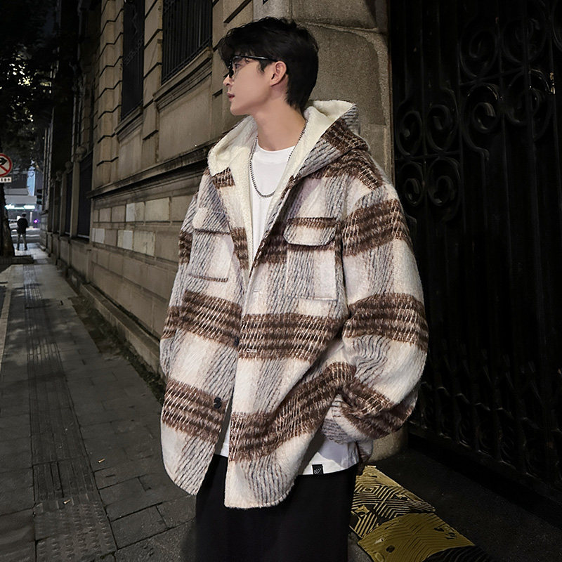 MH08`条纹ins加厚中长款羊羔毛呢料外套连帽棉衣棉服男 P118图片
