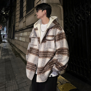MH08`条纹ins加厚中长款羊羔毛呢料外套连帽棉衣棉服男 P118图片