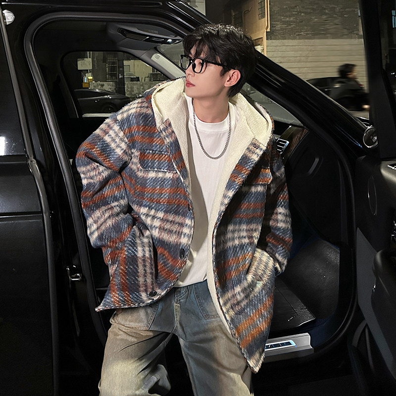MH09`条纹ins加厚中长款羊羔毛呢料外套连帽棉衣棉服男P118,男装棉衣,电商A066