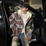 MH09`条纹ins加厚中长款羊羔毛呢料外套连帽棉衣棉服男P118，男装棉衣，电商A066