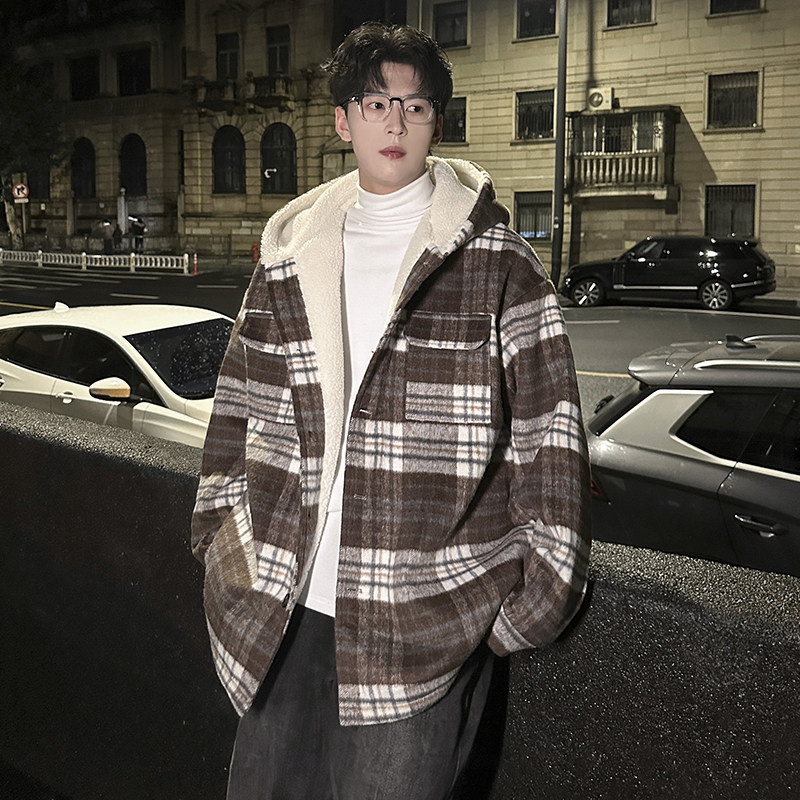 MH17`条纹ins加厚中长款羊羔毛呢料外套连帽棉衣棉服男P118，男装棉衣，电商A066