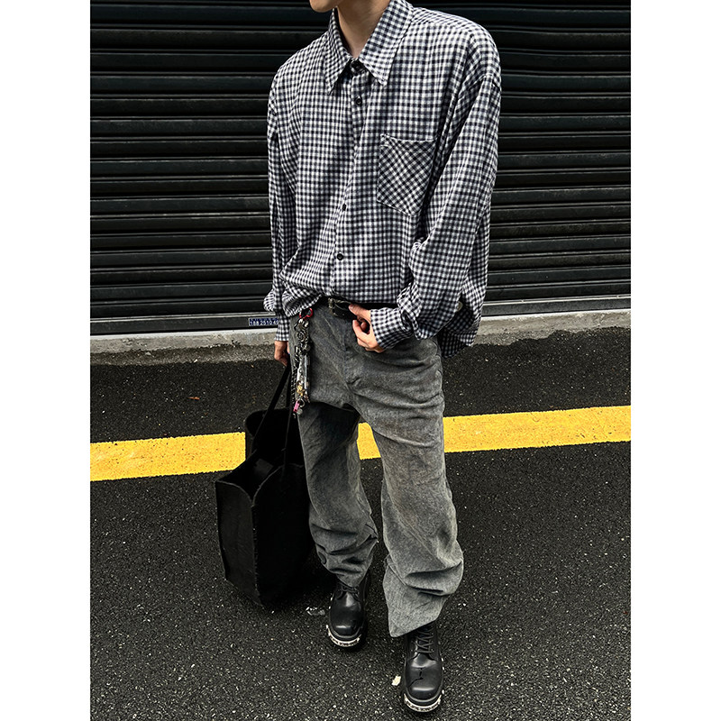 CR002`暗黑风全棉格子潮牌高街ins衬衫男女P55,男装衬衫,电商A066