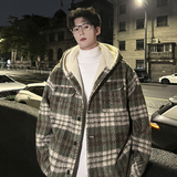 MH09`条纹ins加厚中长款羊羔毛呢料外套连帽棉衣棉服男P118，男装棉衣，电商A066