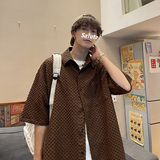 DX1529宽松大码情侣中性立体刺绣街潮短袖五分袖衬衫P4558咖，男装T恤，电商A066