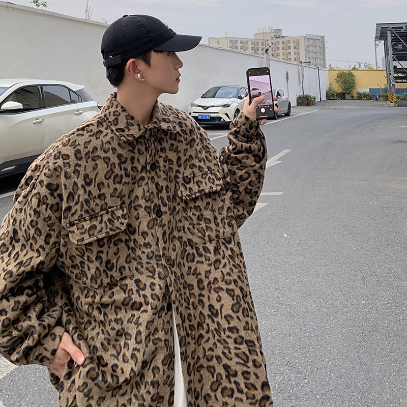 CT01原宿ulzzang豹纹呢料外套男学生夹克衬衫男P6888棕色，男装夹克，电商A066