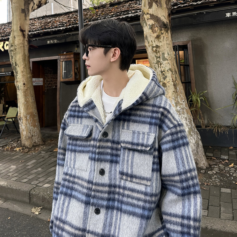 MH11`条纹ins加厚中长款羊羔毛呢料外套连帽棉衣棉服男P118,男装棉衣,电商A066