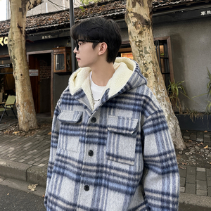 MH11`条纹ins加厚中长款羊羔毛呢料外套连帽棉衣棉服男 P118图片