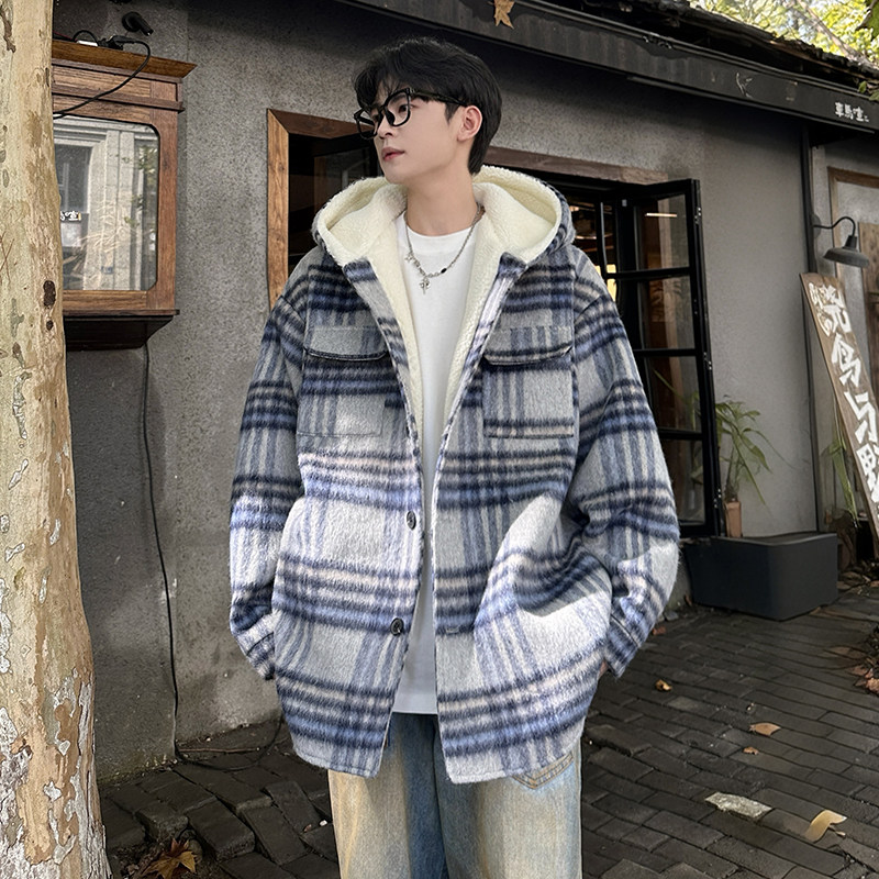 MH11`条纹ins加厚中长款羊羔毛呢料外套连帽棉衣棉服男P118,男装棉衣,电商A066