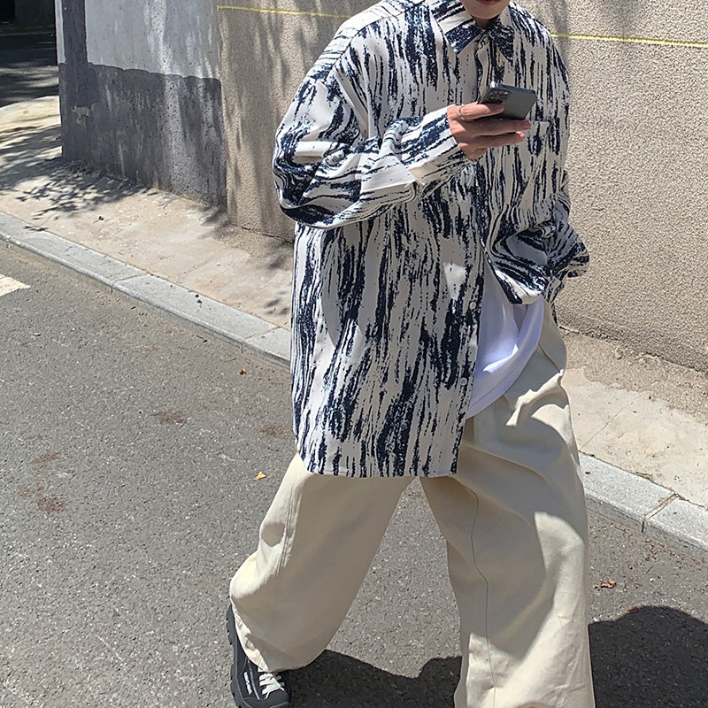 CT21宽松情侣港风大码ins扎染条纹衬衫外套男P4868黑色,男装衬衫,电商A066