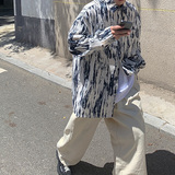CT21宽松情侣港风大码ins扎染条纹衬衫外套男P4868黑色，男装衬衫，电商A066