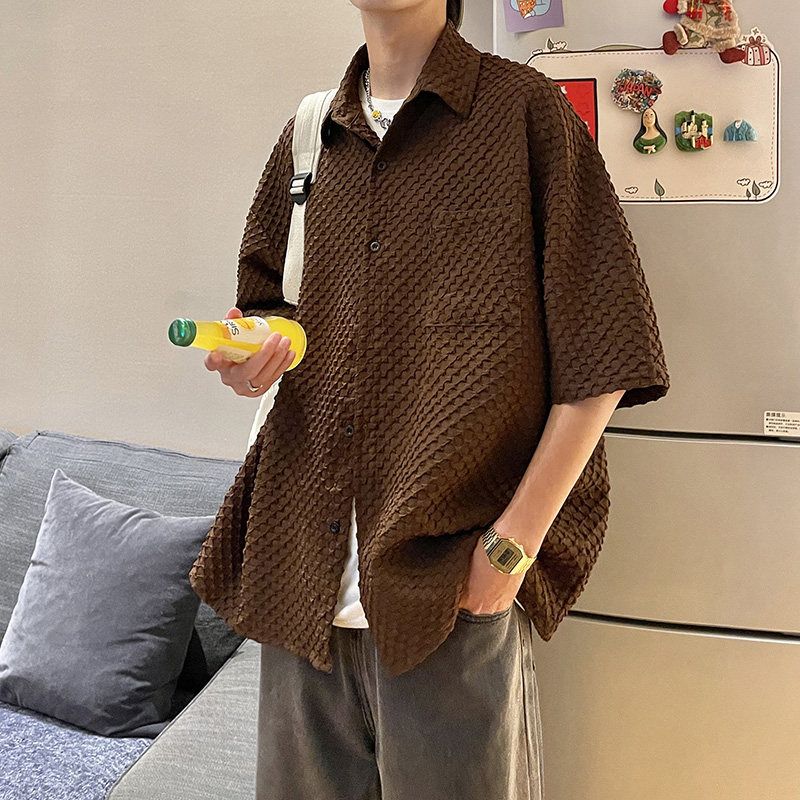DX1529宽松大码情侣中性立体刺绣街潮短袖五分袖衬衫P4558咖,男装T恤,电商A066