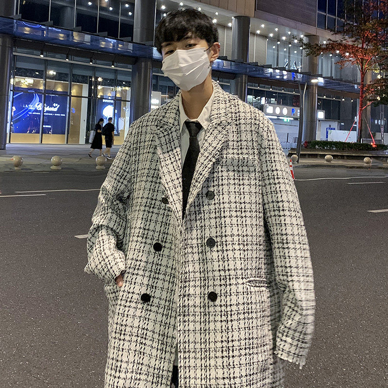 FT05情侣港风宽松大码小香风ins格子西装外套男P105118黑,男装西服套装,电商A066