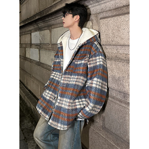 MH09`条纹ins加厚中长款羊羔毛呢料外套连帽棉衣棉服男 P118图片