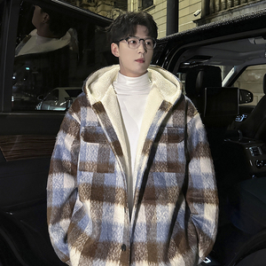 MH18`条纹ins加厚中长款羊羔毛呢料外套连帽棉衣棉服男 P118图片
