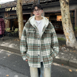MH09`条纹ins加厚中长款羊羔毛呢料外套连帽棉衣棉服男P118，男装棉衣，电商A066