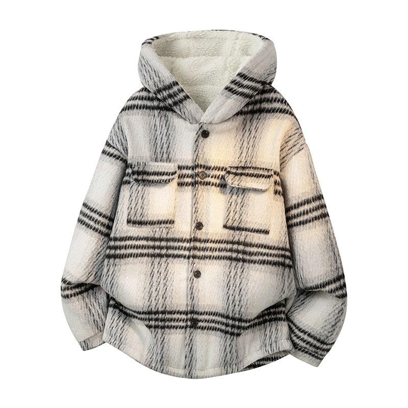 MH08`条纹ins加厚中长款羊羔毛呢料外套连帽棉衣棉服男P118，男装棉衣，电商A066