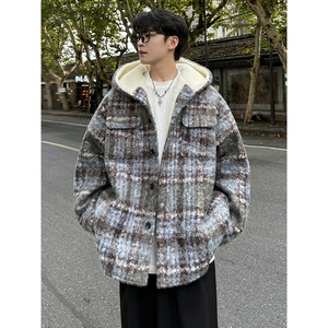 MH12`条纹ins加厚中长款羊羔毛呢料外套连帽棉衣棉服男 P118图片