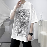 DX1083已注册版权情侣大码宽松抽象线头人物短袖T恤P3548白5，男装T恤，电商A066