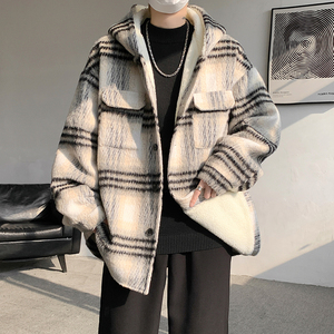 MH08`条纹ins加厚中长款羊羔毛呢料外套连帽棉衣棉服男 P118图片