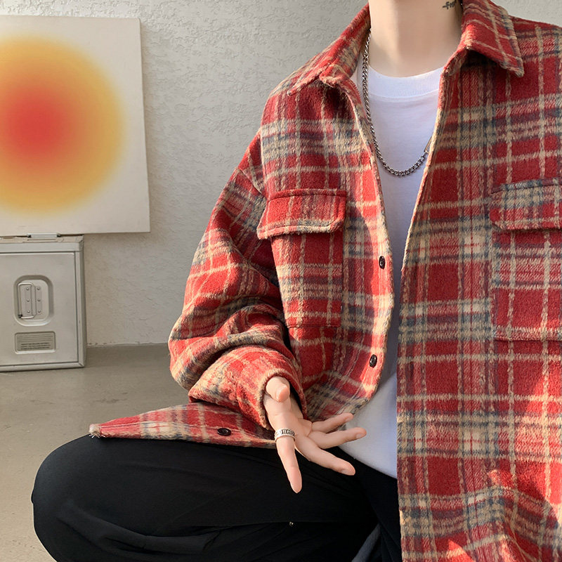 CT26原宿ulzzang磨毛条纹呢料外套男夹克衬衫男P5878,男装夹克,电商A066