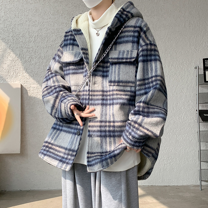 MH11`条纹ins加厚中长款羊羔毛呢料外套连帽棉衣棉服男P118，男装棉衣，电商A066