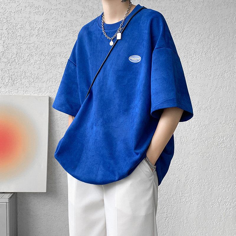 DX1533`重磅280克抖音-麂皮绒-宽松情侣短袖T恤男P3548蓝，男装T恤，电商A066