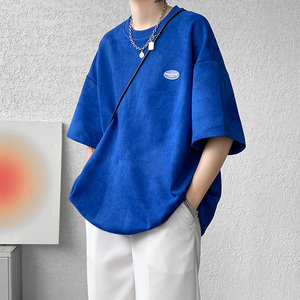 DX1533`重磅280克抖音-麂皮绒-宽松情侣短袖T恤男P3548蓝，男装T恤，电商A066