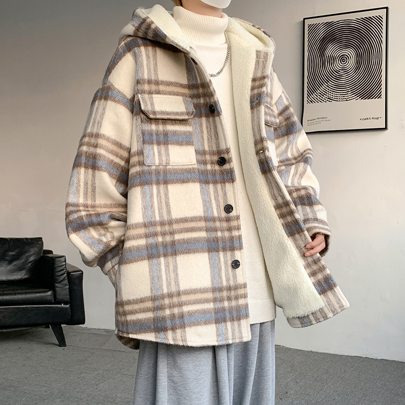 MH11`条纹ins加厚中长款羊羔毛呢料外套连帽棉衣棉服男P118，男装棉衣，电商A066