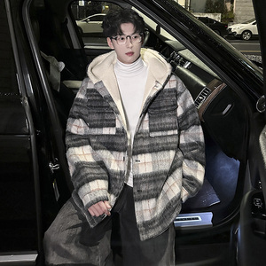 MH15`条纹ins加厚中长款羊羔毛呢料外套连帽棉衣棉服男 P118图片