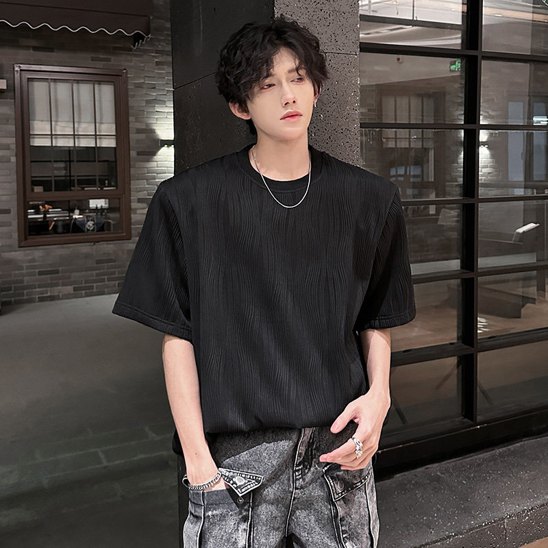 KT1011`垫肩款高级肌理感短袖T恤男ins潮牌上痞帅宽松短袖P40,男装T恤,电商A066