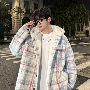 MH12`条纹ins加厚中长款羊羔毛呢料外套连帽棉衣棉服男P118