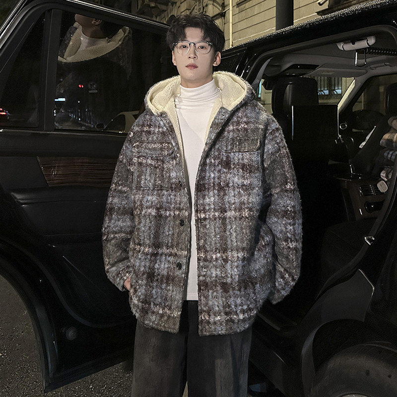 MH12`条纹ins加厚中长款羊羔毛呢料外套连帽棉衣棉服男P118,男装棉衣,电商A066