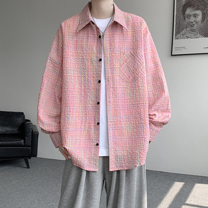 CR019`泡泡纱格子潮牌高街ins衬衫男女P40图片
