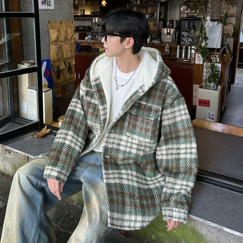 MH09`条纹ins加厚中长款羊羔毛呢料外套连帽棉衣棉服男P118,男装棉衣,电商A066