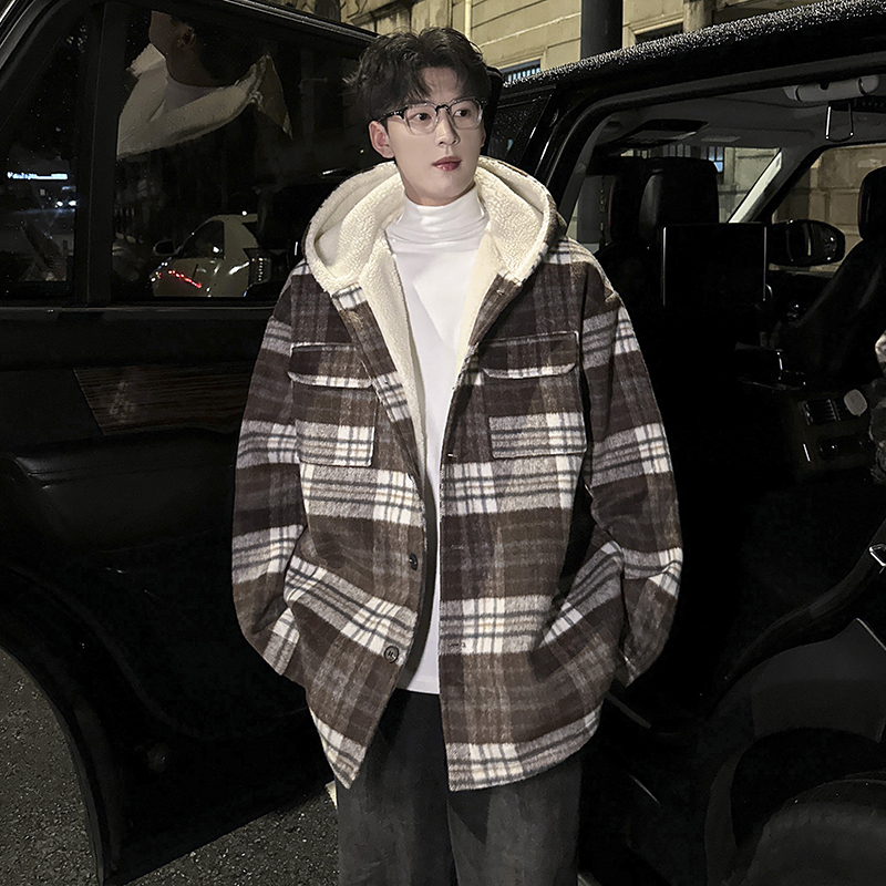 MH17`条纹ins加厚中长款羊羔毛呢料外套连帽棉衣棉服男P118，男装棉衣，电商A066