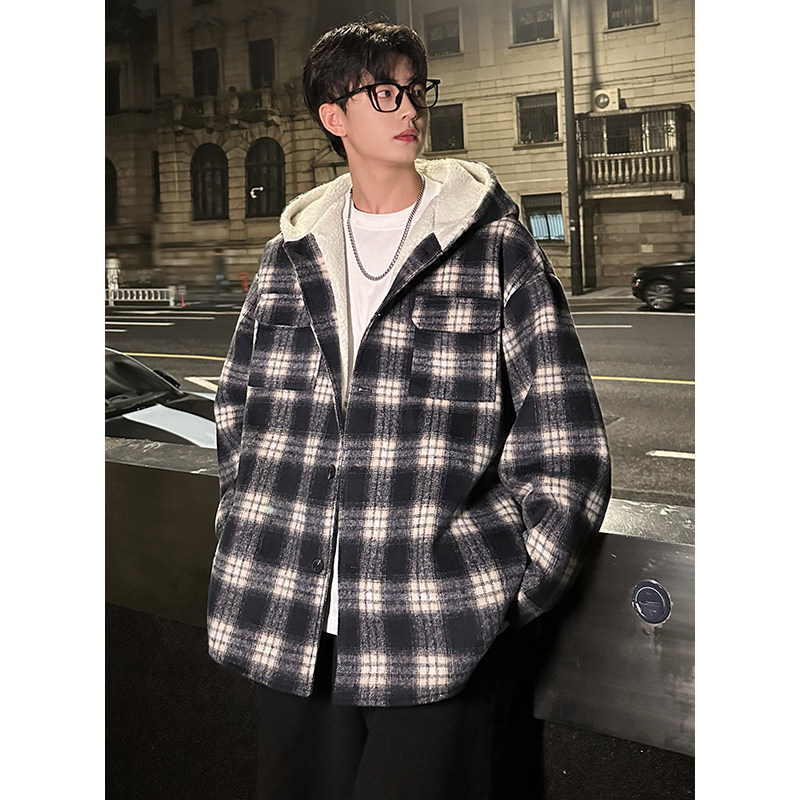 MH10`条纹ins加厚中长款羊羔毛呢料外套连帽棉衣棉服男P118,男装棉衣,电商A066