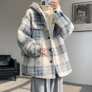 MH13`条纹ins加厚中长款羊羔毛呢料外套连帽棉衣棉服男 P118图片