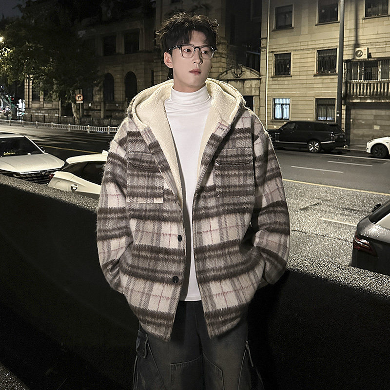 MH15`条纹ins加厚中长款羊羔毛呢料外套连帽棉衣棉服男P118,男装棉衣,电商A066
