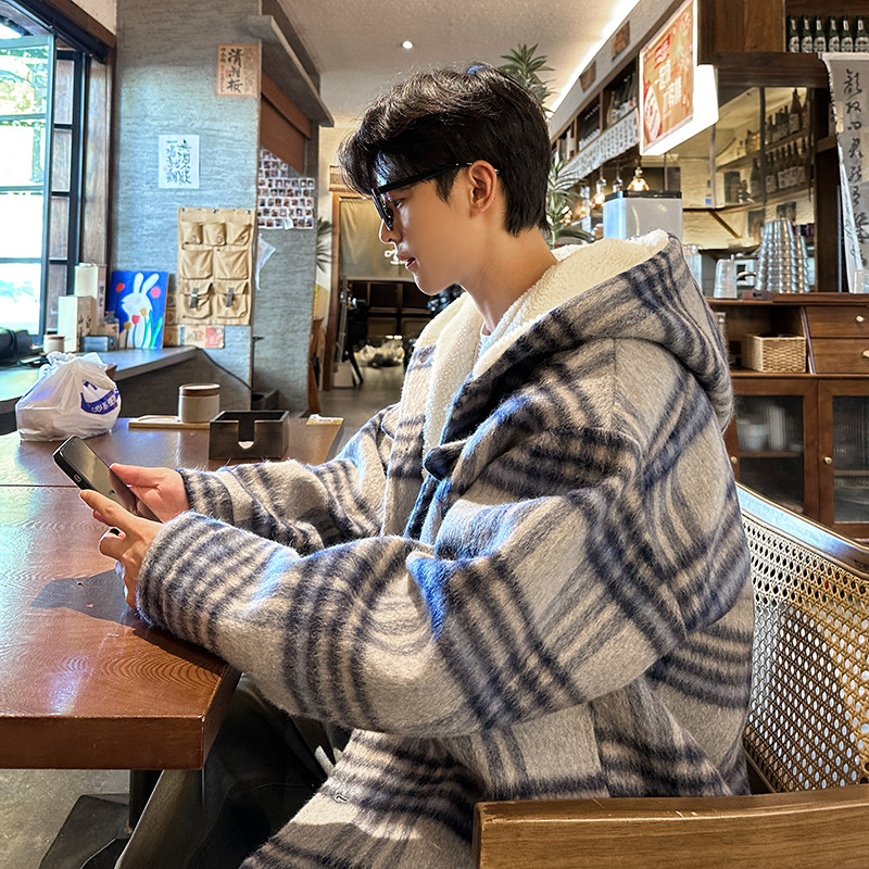 MH11`条纹ins加厚中长款羊羔毛呢料外套连帽棉衣棉服男P118,男装棉衣,电商A066
