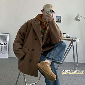 FT03高品质直播款中性风港风宽松中长款呢料风衣夹克男 P98棕图片