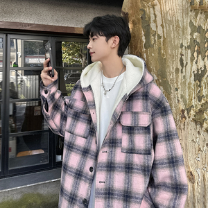 MH10`条纹ins加厚中长款羊羔毛呢料外套连帽棉衣棉服男 P118图片