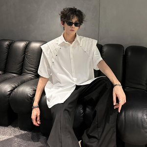 KT1030`垫肩款假两件拼接短袖衬衫男女P58图片